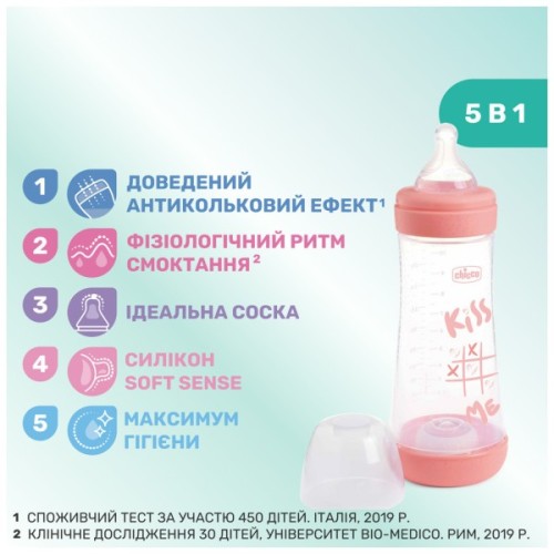 Пляшечка для годування Chicco Perfect 5 Love із силіконовою соскою 4+ міс. 300 мл Рожева (20235.11.40)