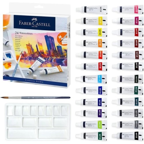 Акварельні фарби Faber-Castell Castell Watercolours 24 кольори в тубах по 9 мл + палітра та пензлик, 169624 (31935)