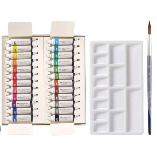 Акварельні фарби Faber-Castell Castell Watercolours 24 кольори в тубах по 9 мл + палітра та пензлик, 169624 (31935)