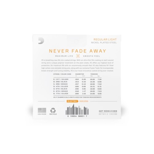 Струни для гітари D'Addario XS Coated Electric Guitar Strings Regular Light 7-String (10-56) (XSE1056)