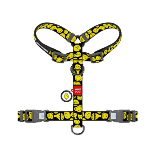 Шлея для собак WAUDOG Nylon анатомічна H-подібна з QR-паспортом "Смайли на чорному" пластиковий фастекс, M (344-0181)
