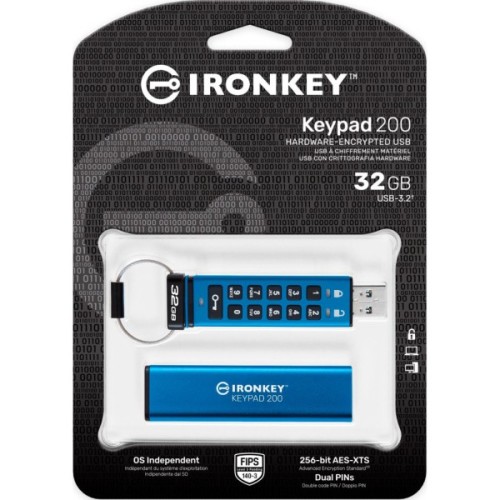USB флеш накопичувач Kingston 32GB IronKey Keypad 200 AES-256 Encrypted Blue USB 3.2 (IKKP200/32GB)