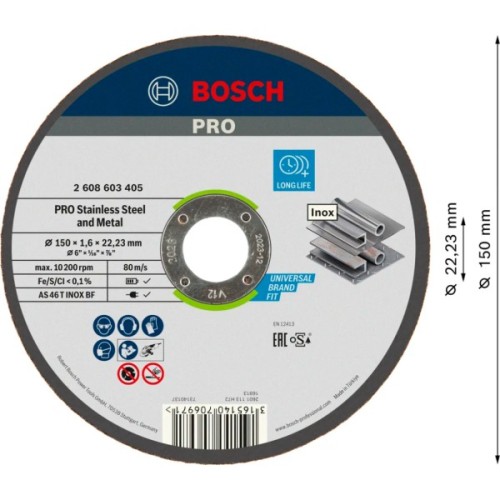 Круг відрізний Bosch Professional, для нержавіючої сталі та металу, 150×1.6×22.23 mm (2.608.603.405)