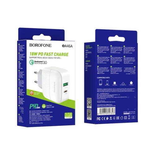 Зарядний пристрій BOROFONE BA46A USB-C PD + USB QC3.0 18W white (6931474727343)