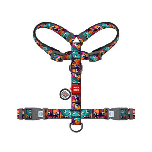 Шлея для собак WAUDOG Nylon анатомічна H-подібна з QR-паспортом "Зубасті монстри" пластиковий фастекс, M (344-4048)
