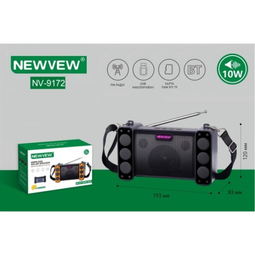 Акустична система NEWVEW NV-9172 Solar Panel/BT/USB/TF/FM Black (NWVW-NV-9172-BK)