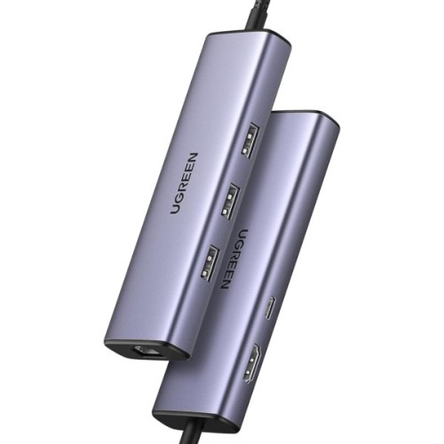 Концентратор Ugreen USB-C 6-in-1 3xUSB 3.0 + HDMI 4K@30Hz + RJ45 1000Mbps + PD silver (15598)