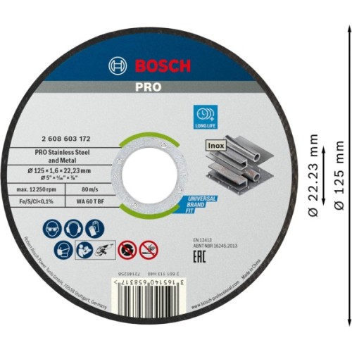 Круг відрізний Bosch Professional, для нержавіючої сталі та металу, 125×1.6×22.23 mm, 100 шт (2.608.626.114)