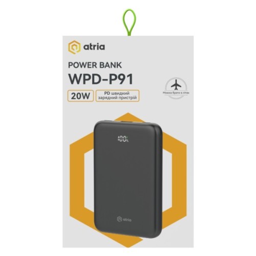 Батарея універсальна Atria 10000mAh, PD/22.5W, QC/3.0 (WPD-P91)