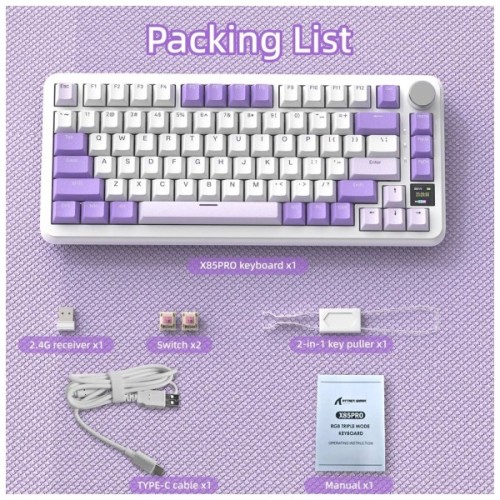 Клавіатура Attack Shark X85PRO RGB Wireless/Bluetooth/USB UA Lavender (X85PROL_AS)