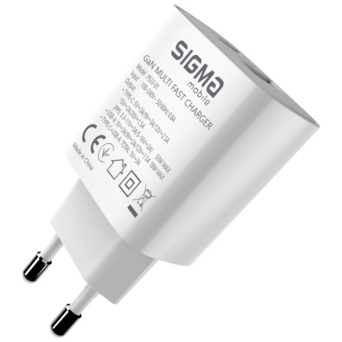 Зарядний пристрій Sigma 1xUSB-C PD33W + 1xUSB QC3.0 GaN X-power PS33-01 white (4827798527719)