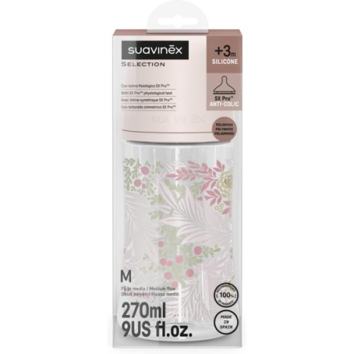 Пляшечка для годування Suavinex Poetry, 270 мл, фізіологічна соска середній потік, світло-рожева (308969)