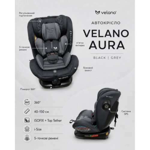 Автокрісло Velano Aura 360° i-Size 40150 см, ISOFIX, black (48415)