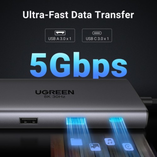 Концентратор Ugreen USB-C 2xHDMI 8K30Hz/4K60Hz + 3xUSB 3.2 + 2xUSB-C 3.2 + RJ45 + SD/TF + PD 100W (15534)