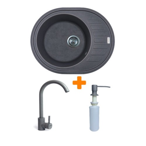 Мийка кухонна Adamant Ovum сірий + змішувач + дозатор (1824296900404)