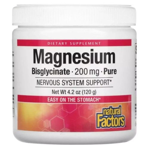 Мінерали Natural Factors Магній Бісгліцинат у порошку, 200 мг, Magnesium Bisglycinate, Pure, 120 (NFS-01642)
