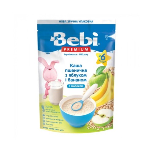 Дитяча каша Bebi Premium молочна пшенична з яблуком та бананом +6 міс. 200 г (8606019654344)