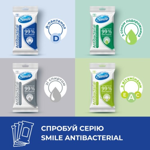 Вологі серветки Smile Antibacterial з Д-пантенолом 15 шт. (4820048481953)
