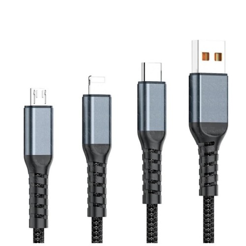 Дата кабель USB 2.0 AM to Lightning + Micro 5P + USB-C 1.2m 100W nylon black XoKo (SC-3100)