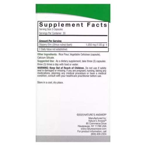 Вітамінно-мінеральний комплекс Nature's Answer Слизький в'яз, 1050 мг, Slippery Elm, 90 вегетаріанських капсул (NTA-16334)
