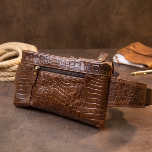 Сумка Vintage Бананка поясна під шкіру рептилії унісекс Коричнева (20401)