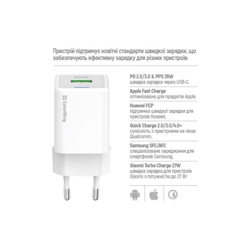 Зарядний пристрій ColorWay GaN Mini 35W PD Port PPS USB (Type-C PD + USB QC4.0) cable Type-C (CW-CHS055PDC-WT)