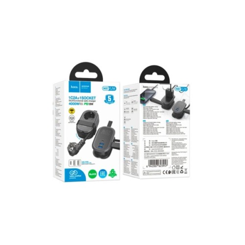 Мережевий фільтр живлення HOCO NS7 1 роз, 2 USB,USB-C, 20W, 1.1м, Black (NS7B)