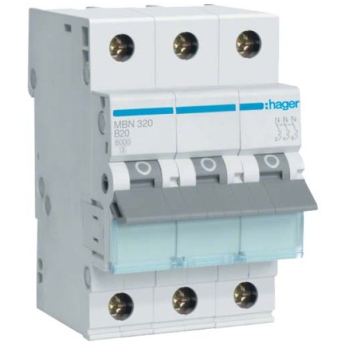 Автоматичний вимикач Hager 3-п. B 20A (6kA) 3M (B) (MBN320)