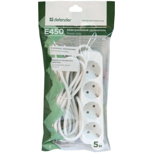 Мережевий подовжувач Defender E450 5.0 m 4 роз white (99227)