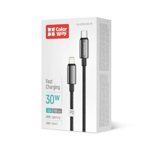 Дата кабель USB-C to Lightning 1.0m PD30W zinc alloy braided black ColorWay (CW-CBPDCL098-BK)