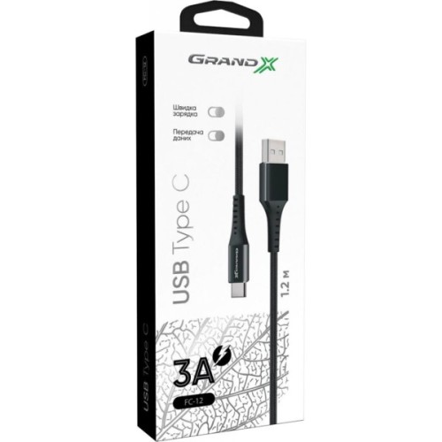 Дата кабель USB 2.0 AM to USB-C 1.2m Black Grand-X (FC-12B)