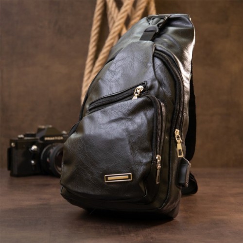 Сумка Vintage Крос боді з емблемою зі шкірозамінника Чорна (20568)