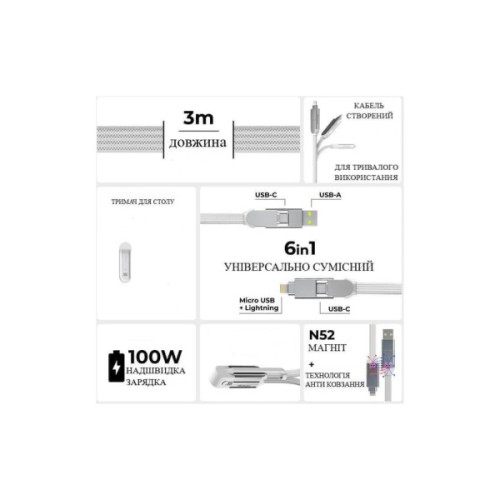 Дата кабель 6in1 inCharge XL 3.0m white Rolling Square (XLL02R)