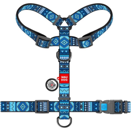 Шлея для собак WAUDOG Nylon з QR паспортом анатомічна H-подібна "Етно синій" L (5586)