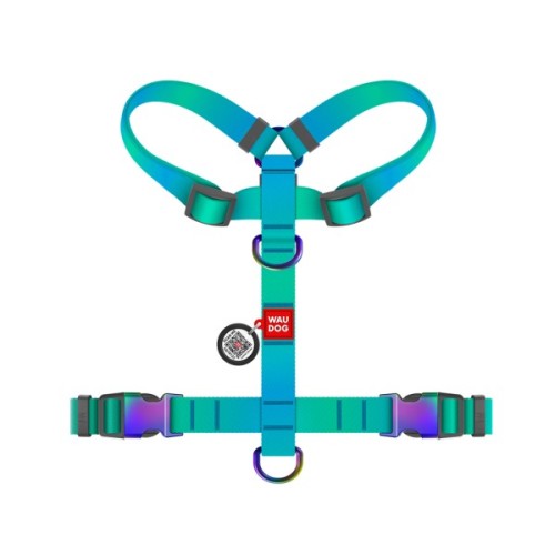 Шлея для собак WAUDOG Nylon Recycled анатомічна H-подібна з QR паспортом, градієнт, L блакитна (52882)
