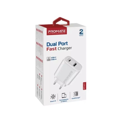 Зарядний пристрій Promate 17W USB-C + USB-A (biplug-2.white)