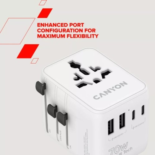 Зарядний пристрій Canyon OnTour 70 3xUSB-C + 2xUSB-A EU/UK/US/AUS 70W White (CNS-TA70W1006W)