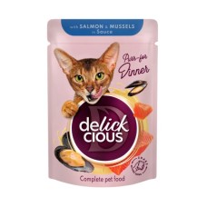 Вологий корм для кішок Delickcious Шматочки з лососем і мідіями в соусі 85 г (4820269143135)