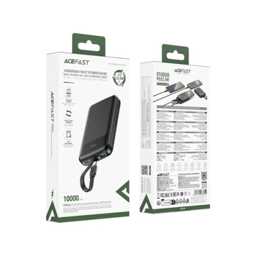 Батарея універсальна Acefast 10000mAh, 22.5W, PD, QC/3.0, build Type-C cable, M13, Black (6974316283959)