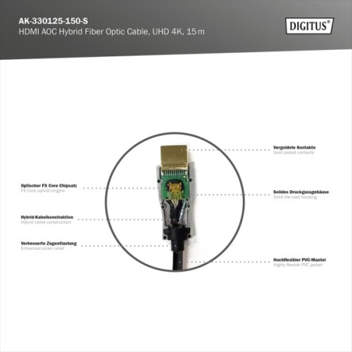 Кабель мультимедійний HDMI M to HDMI M 15m 4K AOC hybrid-fiber black Digitus (AK-330125-150-S)
