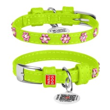 Нашийник для тварин WAUDOG Glamour з QR-паспортом "Квіти" XXS Ш 9 мм Д 18-21 см салатовий (32515)