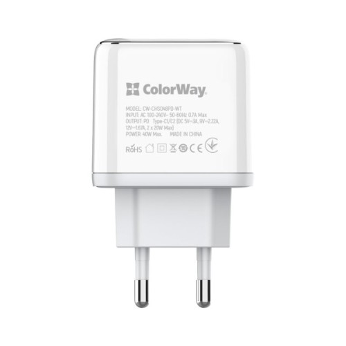 Зарядний пристрій ColorWay Power Delivery Port PPS USB (Type-C PD + Type-C PD) (40W) white (CW-CHS048PD-WT)