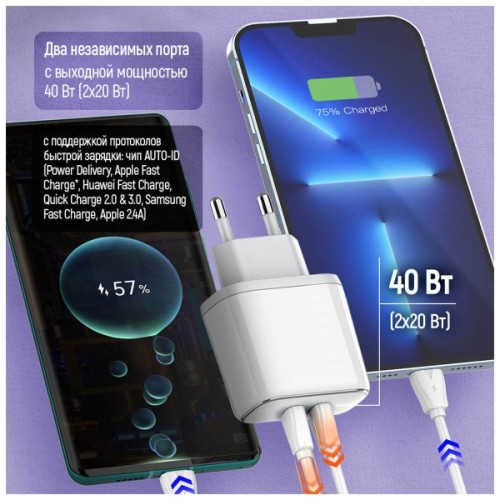 Зарядний пристрій ColorWay Power Delivery Port PPS USB (Type-C PD + Type-C PD) (40W) white (CW-CHS048PD-WT)