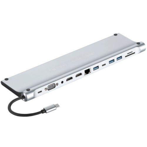 Концентратор 2E USB-C 10-in-1 3xUSB + 2xUSB-C + 2xHDMI + VGA + 3.5mm + microSD/SD + 1xRJ45 0.15m gray (2E-W2703)