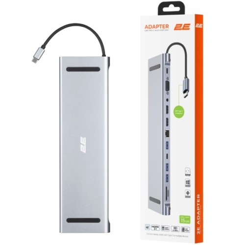 Концентратор 2E USB-C 10-in-1 3xUSB + 2xUSB-C + 2xHDMI + VGA + 3.5mm + microSD/SD + 1xRJ45 0.15m gray (2E-W2703)