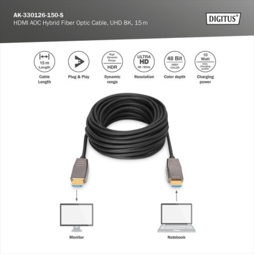 Кабель мультимедійний HDMI M to HDMI M 15m 8K AOC hybrid-fiber black Digitus (AK-330126-150-S)