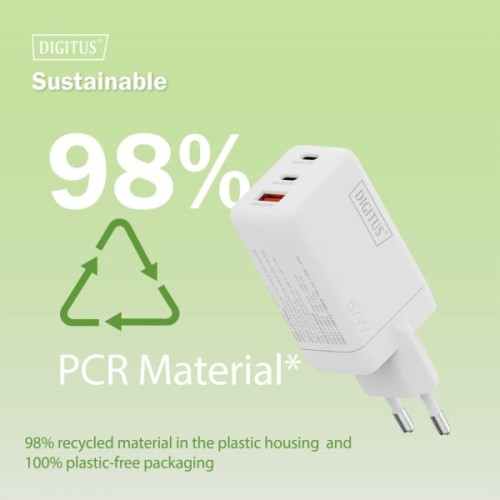 Зарядний пристрій Digitus 2xUSB-C + 1xUSB 67W GaN (DA-10303)