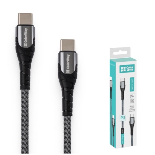 Дата кабель USB-C to USB-C 1.0m PD Fast Charging 65W 3А grey ColorWay (CW-CBPDCC040-GR)