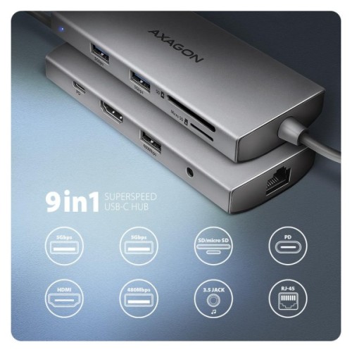 Концентратор AXAGON USBC to 3xUSB-A + HDMI + RJ45 + SD/microSD + audio + PD 100W 0.2m grey (HMC-8HLSA)