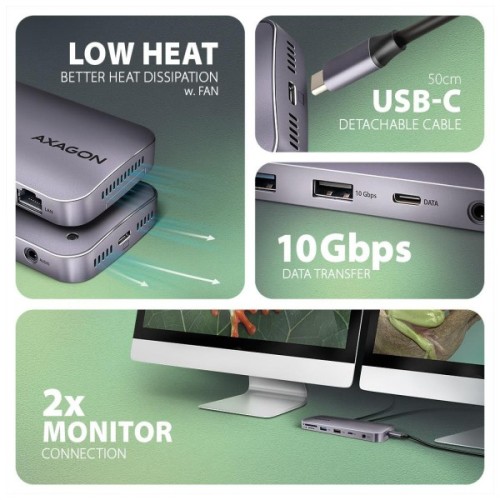 Концентратор AXAGON USB-C 12-in-1 HDMI + DisplayPort + RJ45 1000Mbps + PD100W aluminum gray (HMC-12GM2)